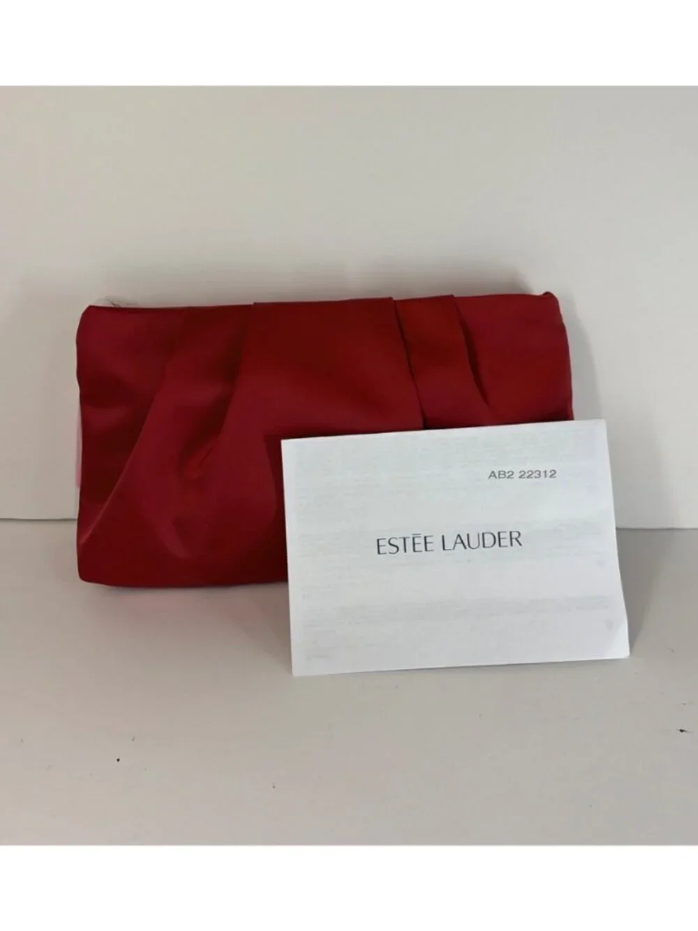 Estee Lauder Makeup Cosmetic Bag Red Satin Pleated with Pink Tassel Zipper